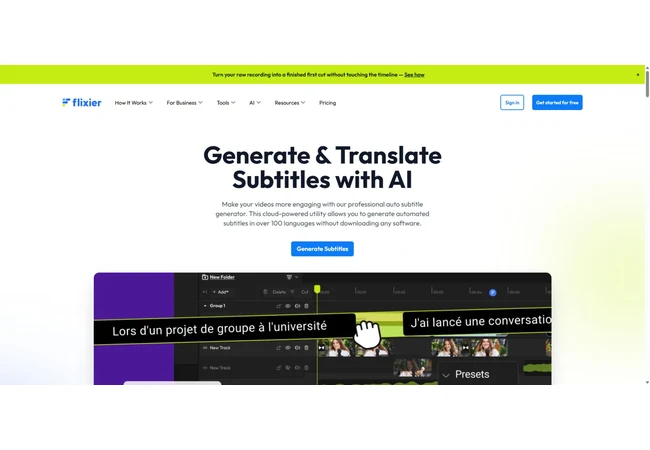 Flixier Generate and Translate Subtitles 官网首屏,展示字幕生成与翻译入口