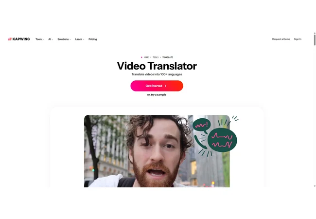 Kapwing Video Translator 官网首屏,展示视频翻译工作流