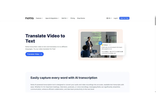 Notta Translate Video to Text 官网首屏,展示视频转文字与翻译入口