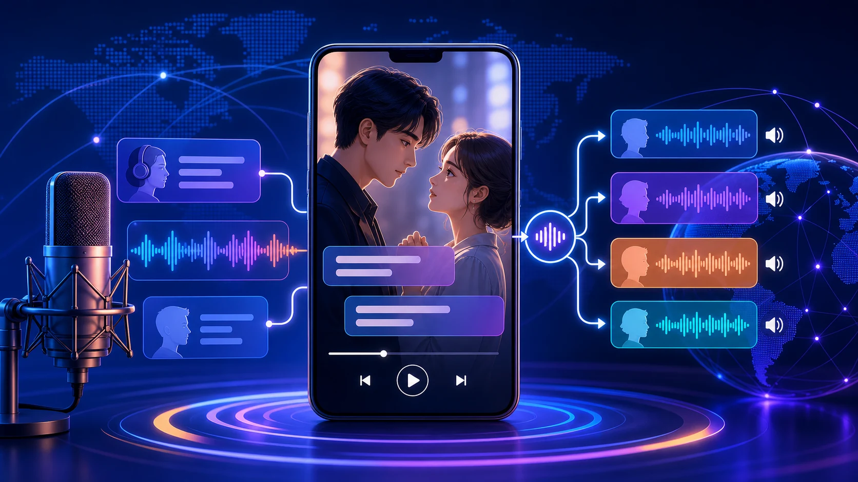 AI短剧翻译、字幕与角色配音示意图