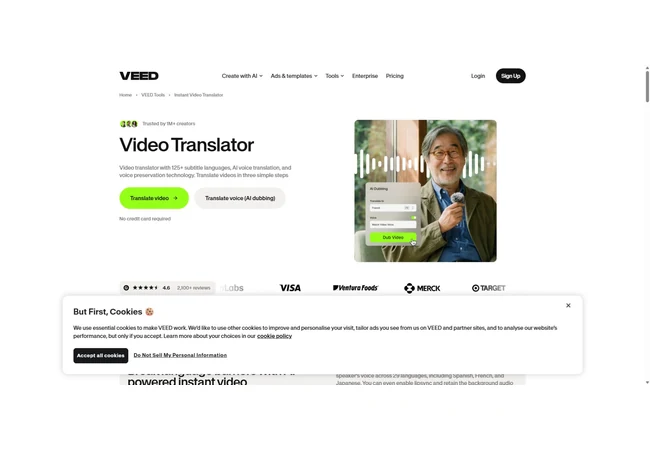VEED Video Translator 官网首屏,展示字幕翻译和视频翻译入口