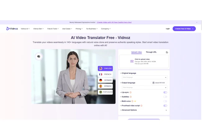 Vidnoz AI Video Translator 官网首屏,展示原语言和输出语言选择